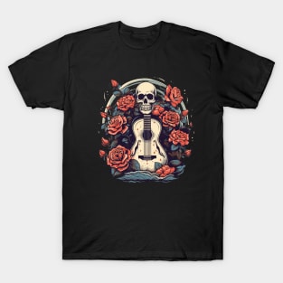 Skull with a Guitar and Flowers T-Shirt